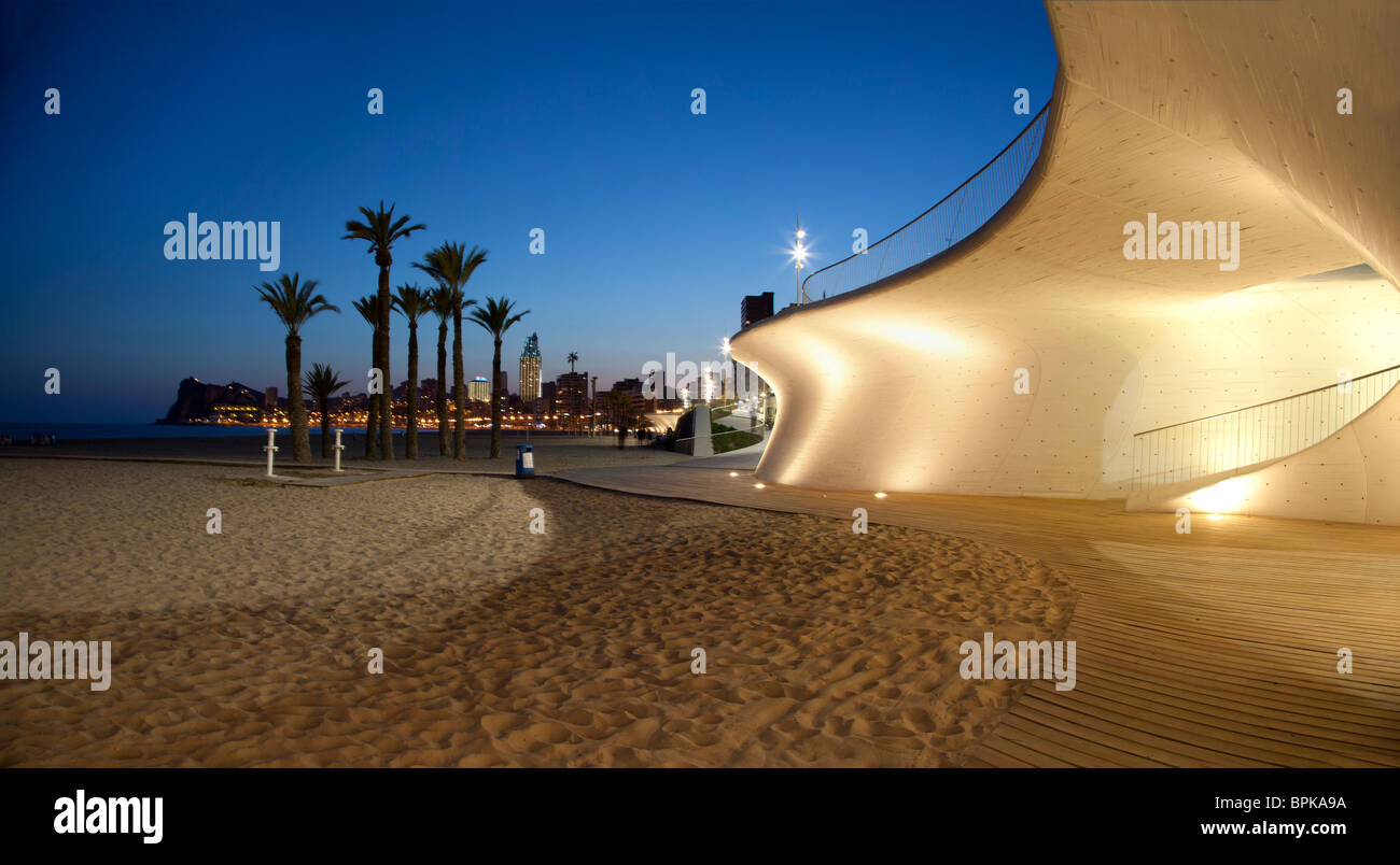 Benidorm`s attractive   Poniente beach at dusk, with its new promenade and illuminations.  Facing south, H. Bali in  the backgr. Stock Photo